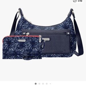 Baggallini “Out and About” Bag + Phone Wristlet,  RFID Indigo Floral NWT MSRP$68
